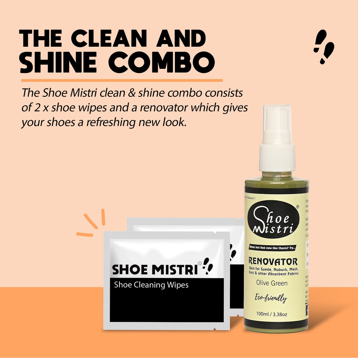 Shoe Mistri Shoe Cleaner (2 Wipes) and Olive Green Renovator