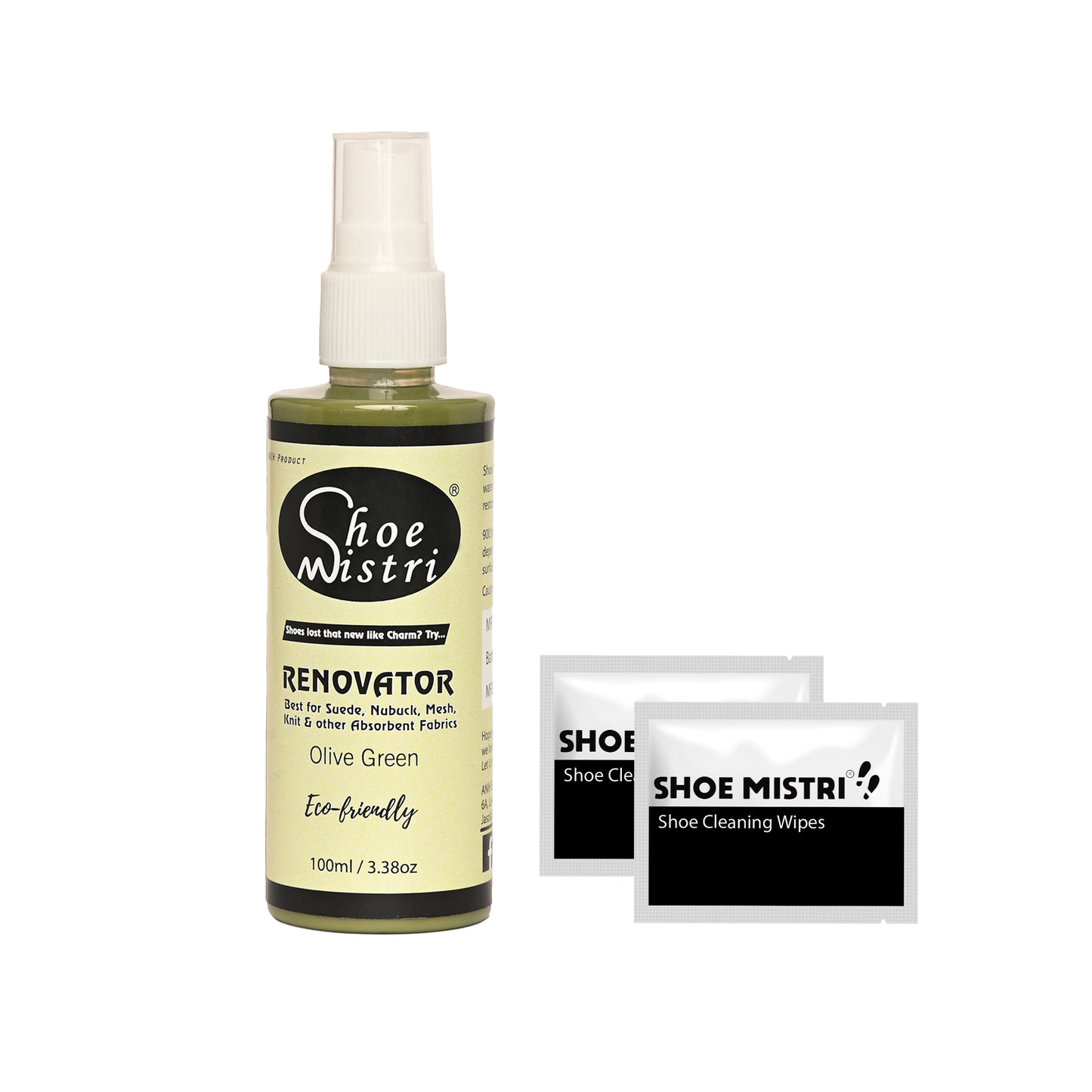 Shoe Mistri Shoe Cleaner (2 Wipes) and Olive Green Renovator
