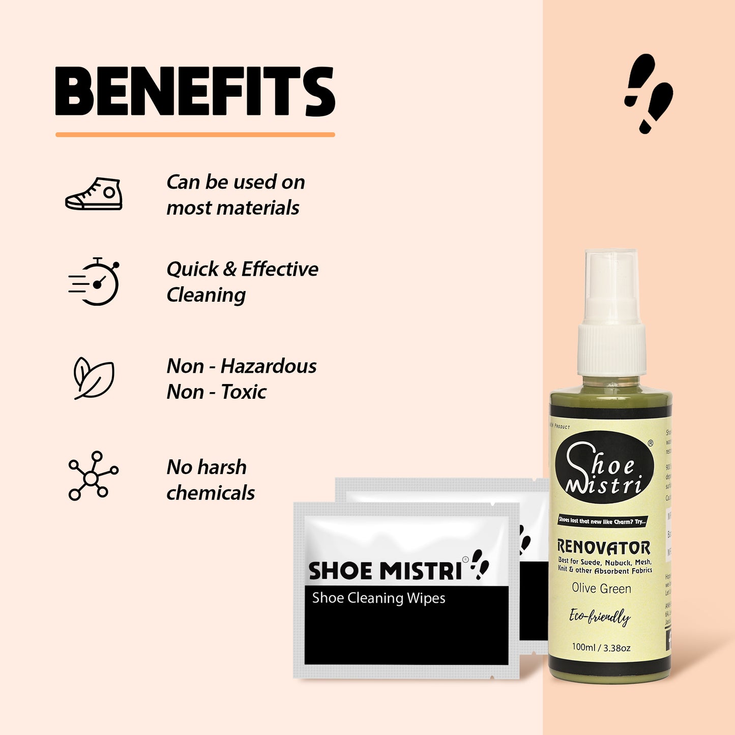 Shoe Mistri Shoe Cleaner (2 Wipes) and Olive Green Renovator