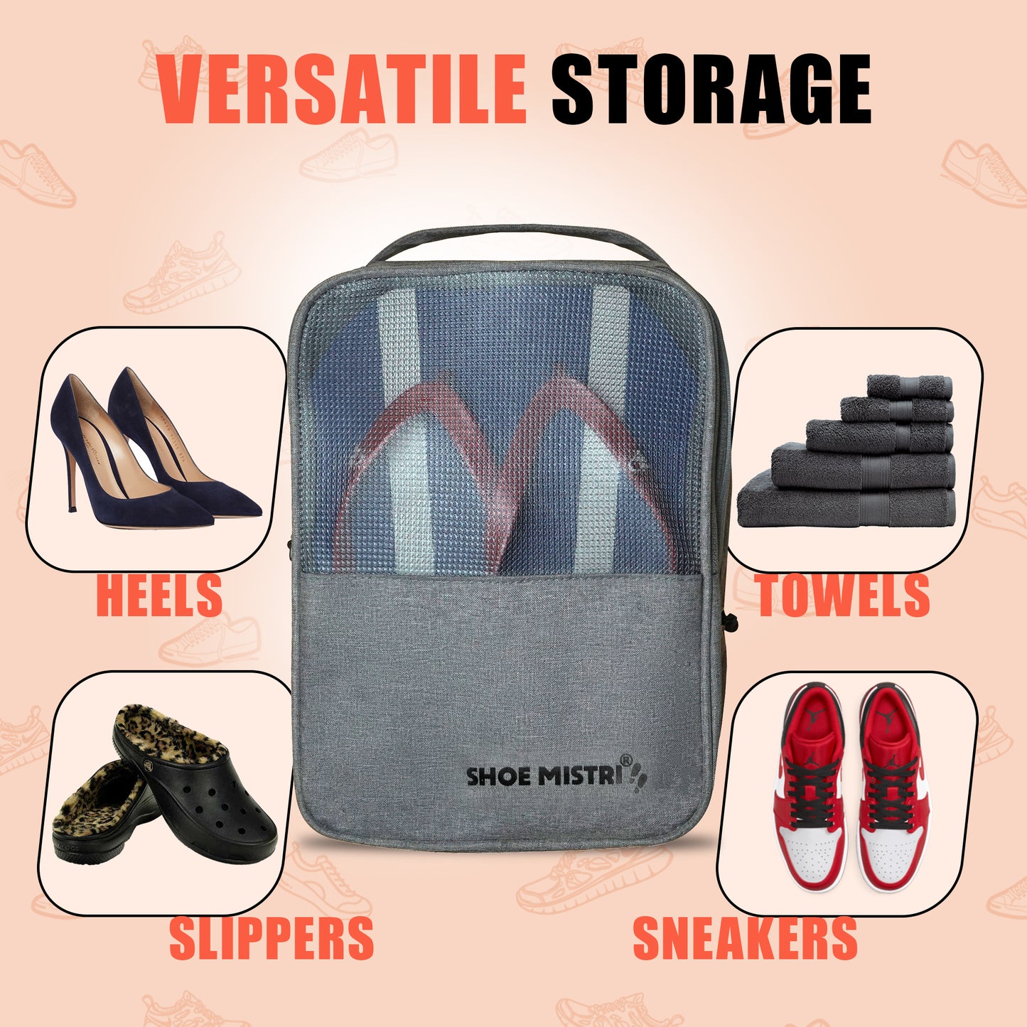 Shoe Mistri Travel Shoe Bag Holds 3 Pairs for Traveling and Daily Use Storage Pouch (Grey)