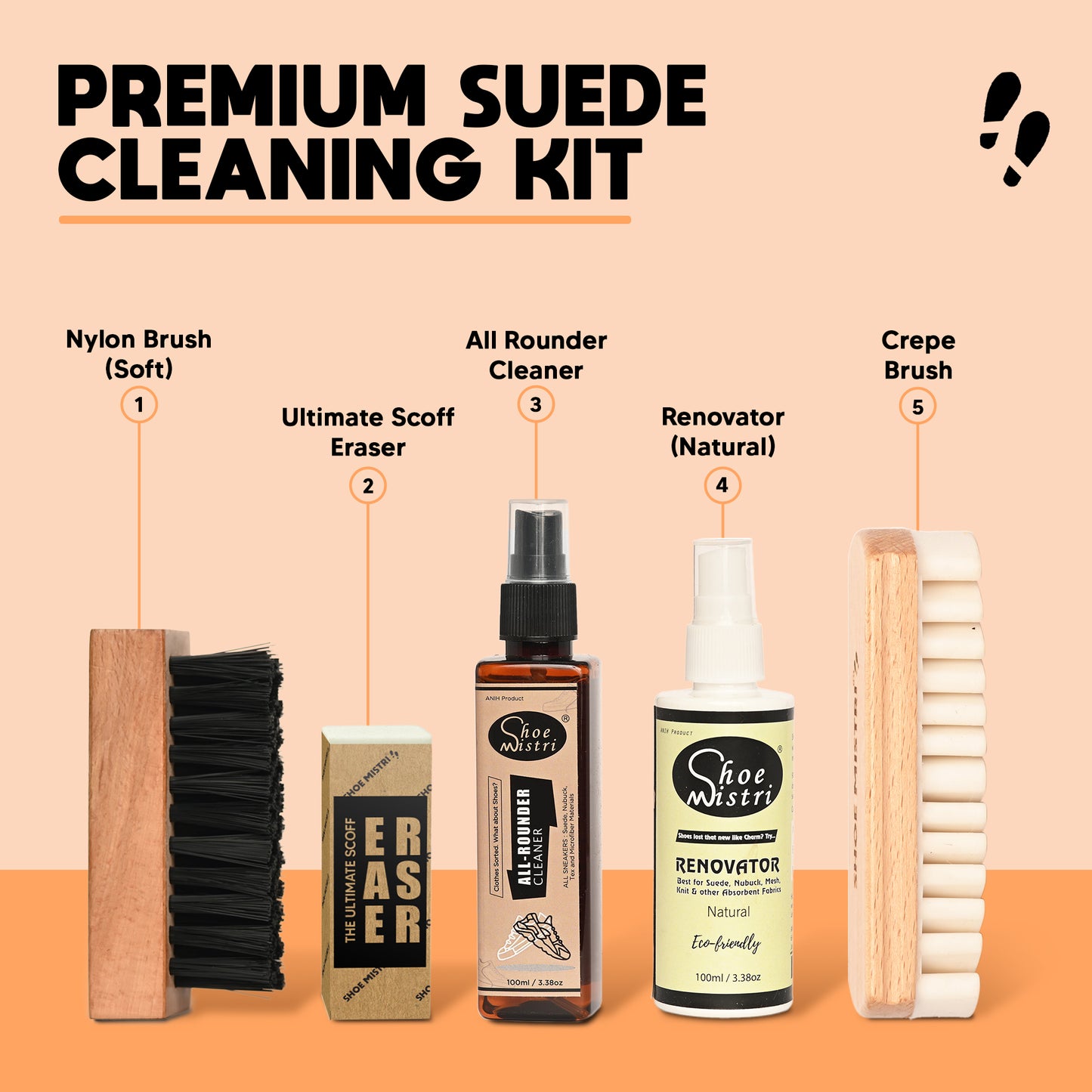 Shoe Mistri Premium Suede Cleaning Kit | Pack of Suede-Nubuck Cleaner & Renovator, Soft Brush, Crepe Rubber Suede Brush, and with Suede Eraser | Suitable for Cleaning Suede & Nubuck Shoes