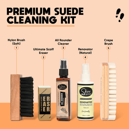 Shoe Mistri Premium Suede Cleaning Kit | Pack of Suede-Nubuck Cleaner & Renovator, Soft Brush, Crepe Rubber Suede Brush, and with Suede Eraser | Suitable for Cleaning Suede & Nubuck Shoes