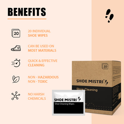 Shoe Mistri Instant Shoe Cleaning Wipes | Shoe Wipes For Quickly Remove Dirt & Stains| Suitable To Use On Leather, Suede, Nubuck, Mesh, Knit, Nylon, PU, Canvas, & Absorbent and Non-Absorbent Material