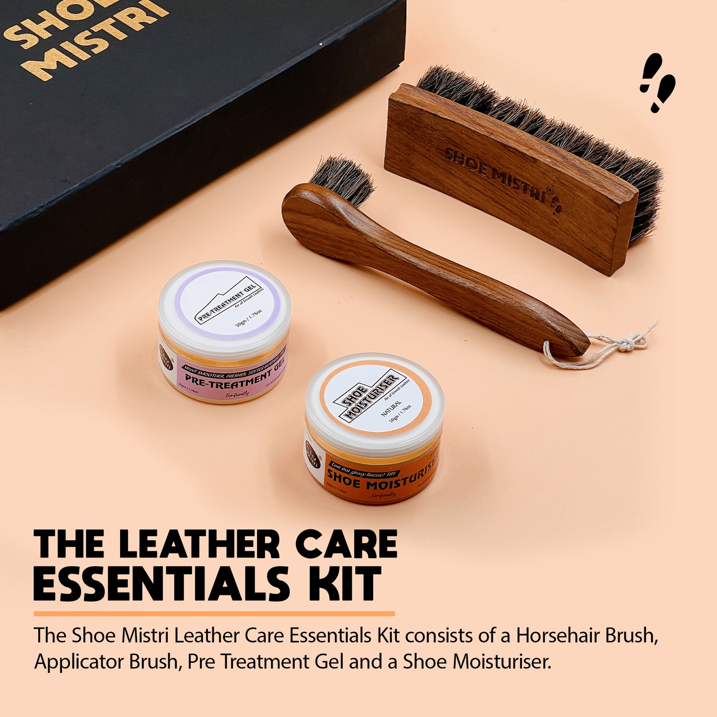 Shoe Mistri Leather Care Essentials Kit Drawer | Pack Of Leather Moisturiser, Pre-treatment Gel, Horse Hair Curved Brush with Soft Applicator Brush