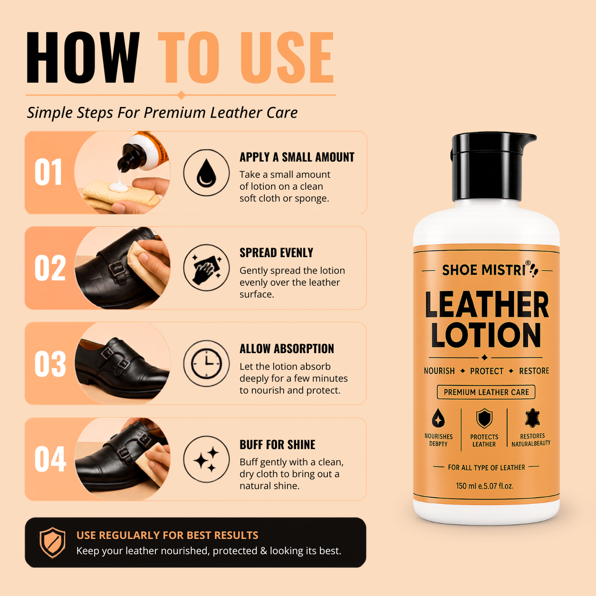 Shoe mistri Leather Lotion & Conditioner | Deep Nourishment, Natural Shine & Cracking Protection | Multipurpose Care for Shoes, Bags, Jackets & Accessories 150 ml