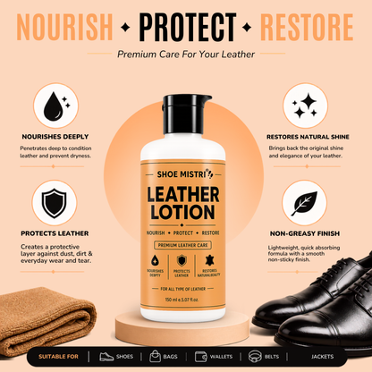 Shoe mistri Leather Lotion & Conditioner | Deep Nourishment, Natural Shine & Cracking Protection | Multipurpose Care for Shoes, Bags, Jackets & Accessories 150 ml