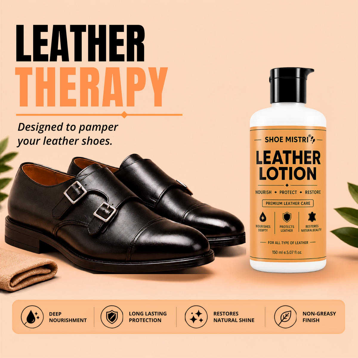 Shoe mistri Leather Lotion & Conditioner | Deep Nourishment, Natural Shine & Cracking Protection | Multipurpose Care for Shoes, Bags, Jackets & Accessories 150 ml