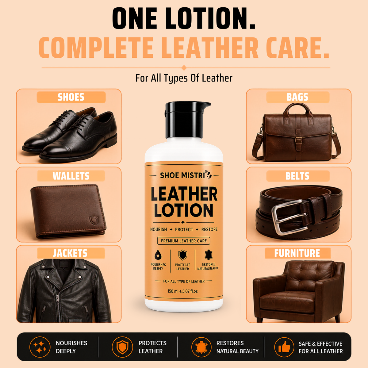 Shoe mistri Leather Lotion & Conditioner | Deep Nourishment, Natural Shine & Cracking Protection | Multipurpose Care for Shoes, Bags, Jackets & Accessories 150 ml