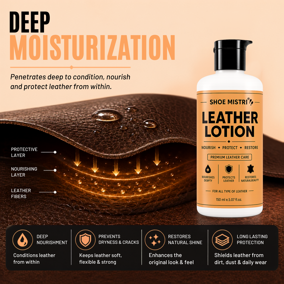 Shoe mistri Leather Lotion & Conditioner | Deep Nourishment, Natural Shine & Cracking Protection | Multipurpose Care for Shoes, Bags, Jackets & Accessories 150 ml