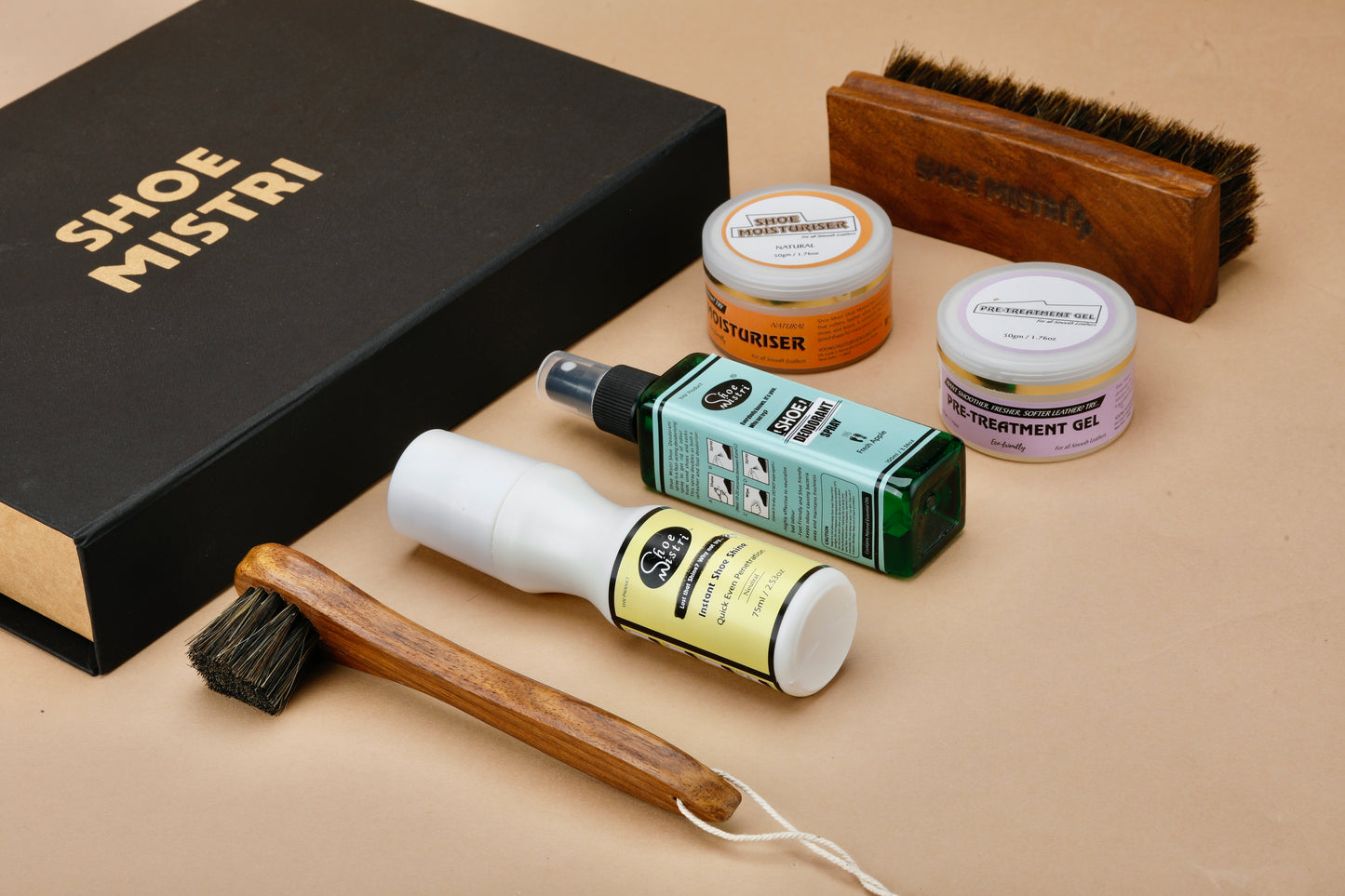 Shoe Mistri Leather Care Kit Drawer | Pack Of Instant Shoe Shiner, Moisturiser, Pre-treatment Gel, Deodorant, Horse Hair Curved Brush & Soft Applicator Brush | Best for Cleaning, Shining & Buffing Leather Boots & Other Leather Materials